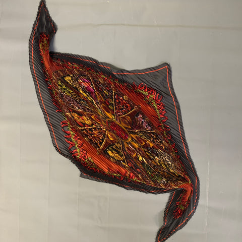 HERMES Burgundy Black Pleated Silk Scarves