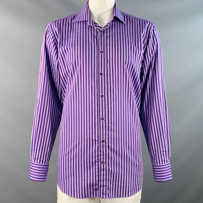 ETRO Size 44 Purple Lilac Stripe Cotton Spread Collar Long Sleeve Shirt