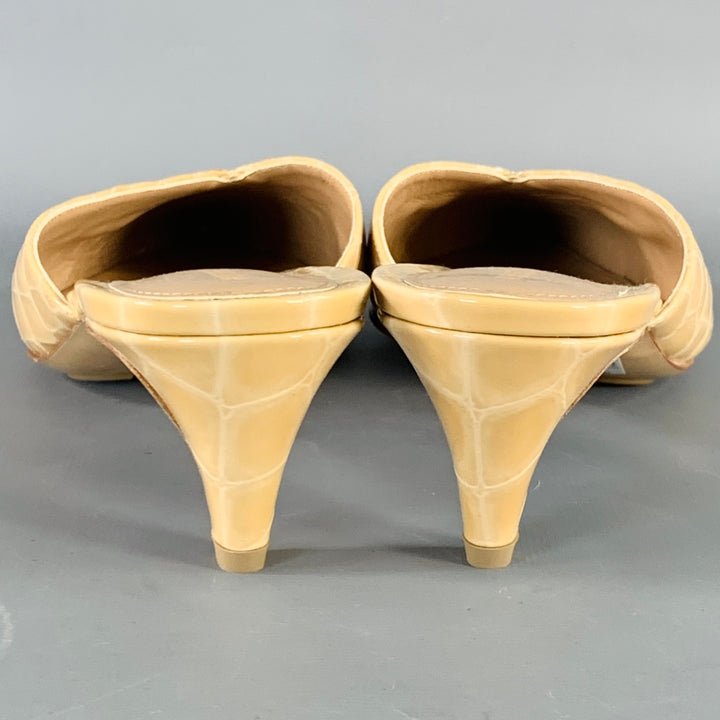 BOTTEGA VENETA Size 10 Punta Beige Croc Embossed Patent Leather Pointed Toe Mules Pumps