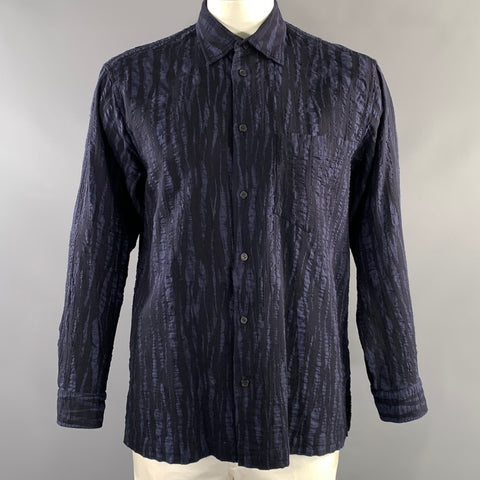 ISSEY MIYAKE Size L Blue Black Stripe Cotton Button Up Long Sleeve Shirt