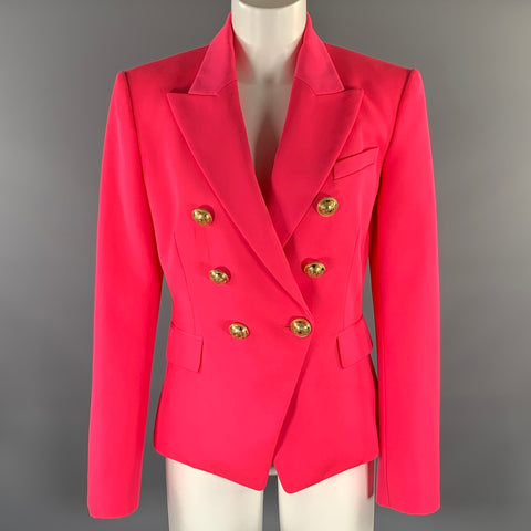 BALMAIN Size M Pink Neon Wool Double Breasted Coat