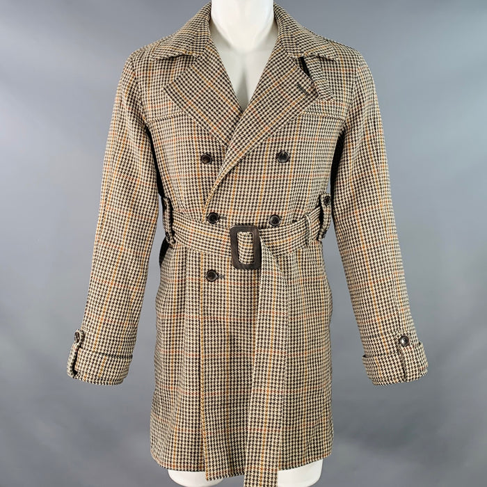 BLACK FLEECE Size 40 Beige Multi Color Houndstooth Wool Double Breasted Belted Trenchcoat