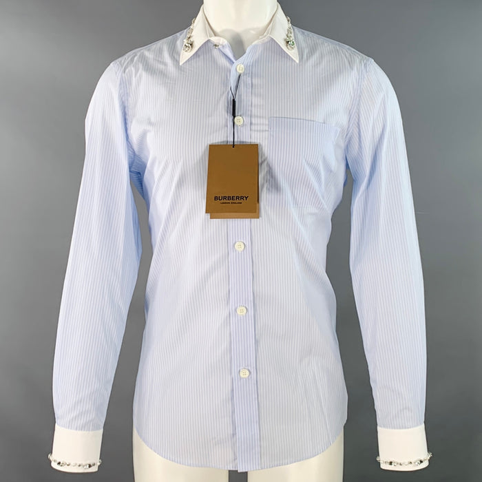 BURBERRY Size S Blue White Stripe Cotton Crystal Embellishment One Pocket Long Sleeve Shirt