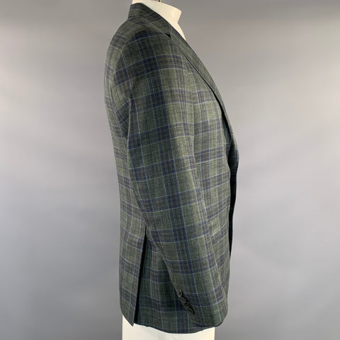 SAMUELSOHN Chest Size 42 Green Blue Plaid Wool Silk & Linen Sport Coat
