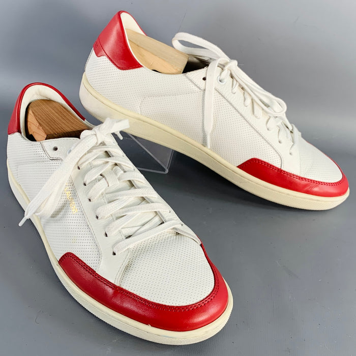 SAINT LAURENT Size 10 White Red Perforated Leather Color Block Low Top Sneakers