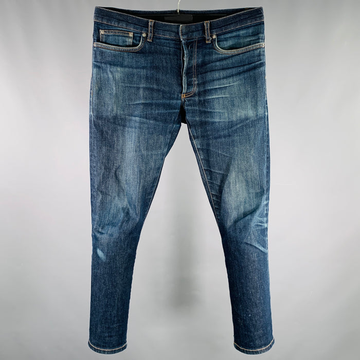 DIOR HOMME Jean en coton mélangé délavé bleu, taille 31, braguette boutonnée
