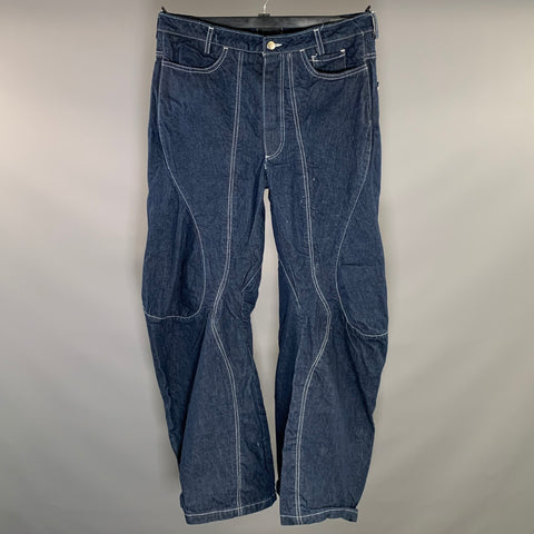 LUEDER Size L Navy Contrast Stitch Cotton Polyester Barrel Jeans