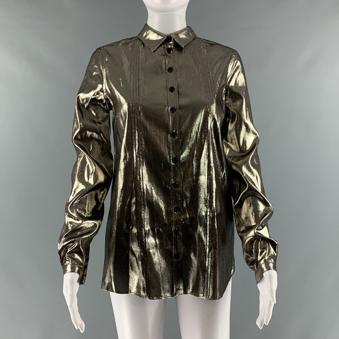 BURBERRY Size 4 Gold Silk Metallic Button Up Shirt
