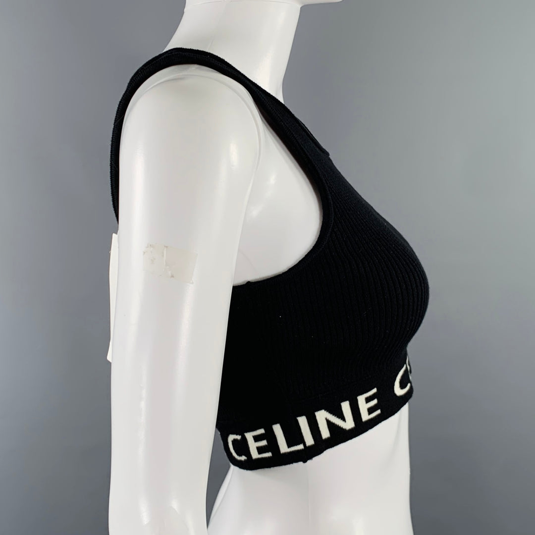 CELINE Size S Black White Cotton Logo Athletic Casual Crop Top
