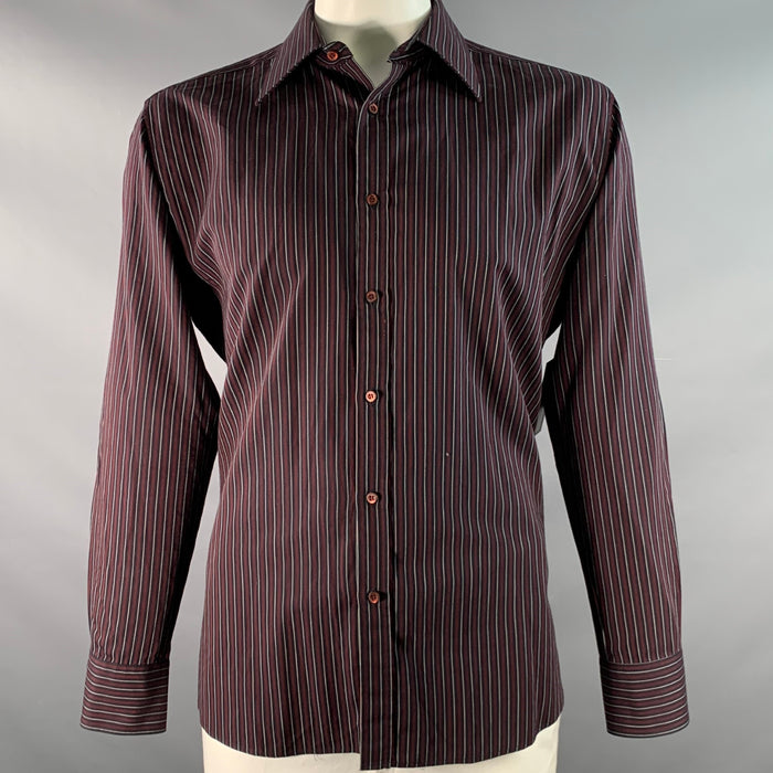 GUCCI Size XL Black Burgundy & White Stripe Cotton Long Sleeve Shirt