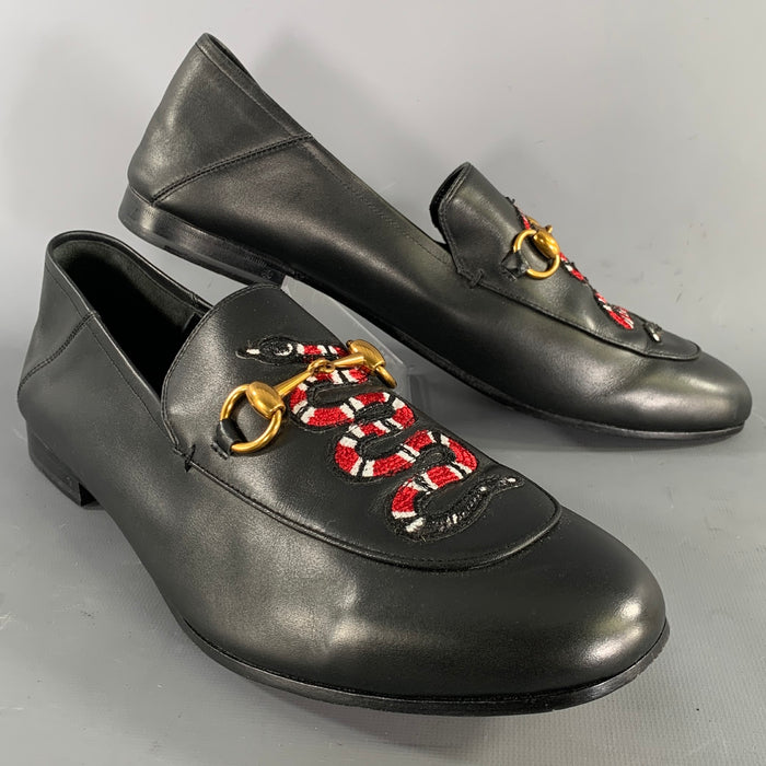 GUCCI Size 12 Black Embroidery Leather Horsebit Loafers