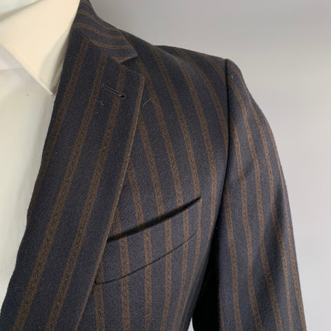 DRIES VAN NOTEN Chest Size 38 Navy Brown Stripe Wool Blend 31 30 Suit