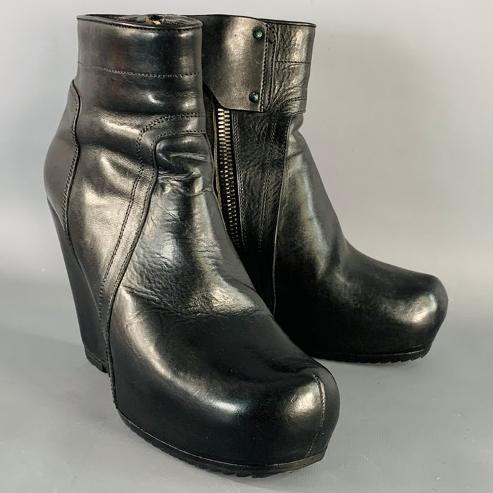 RICK OWENS Size 7.5 Black Leather Hidden Heel Side Zipper Wedge Pumps