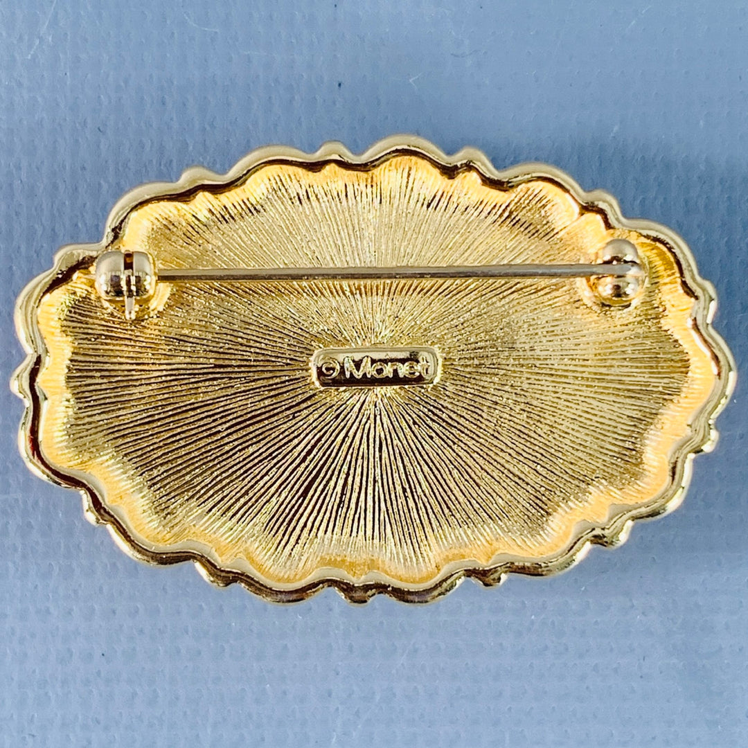 MONET Vintage Green Gold Oval Enamel Brooch Pin