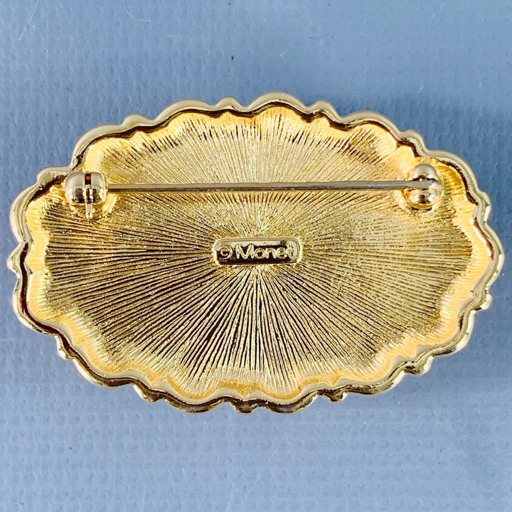 MONET Vintage Green Gold Oval Enamel Brooch Pin