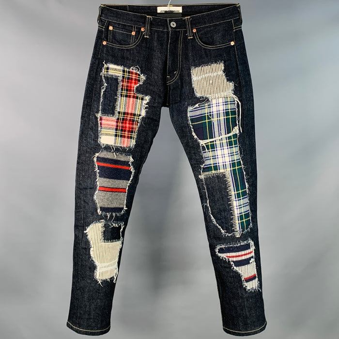 JUNYA WATANABE Size S Indigo Multi Color Patchwork Cotton Straight Distressed Jeans