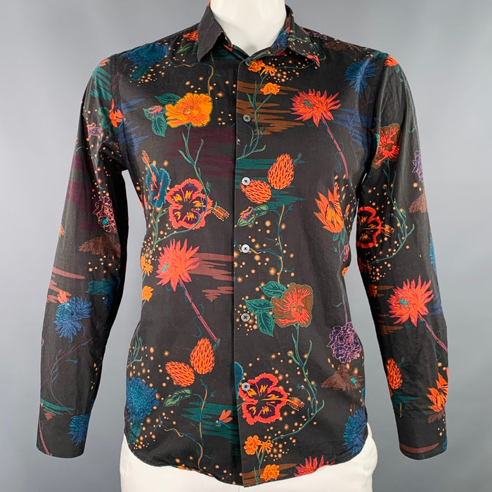 PAUL SMITH Size L Black Orange Floral Cotton Long Sleeve Shirt