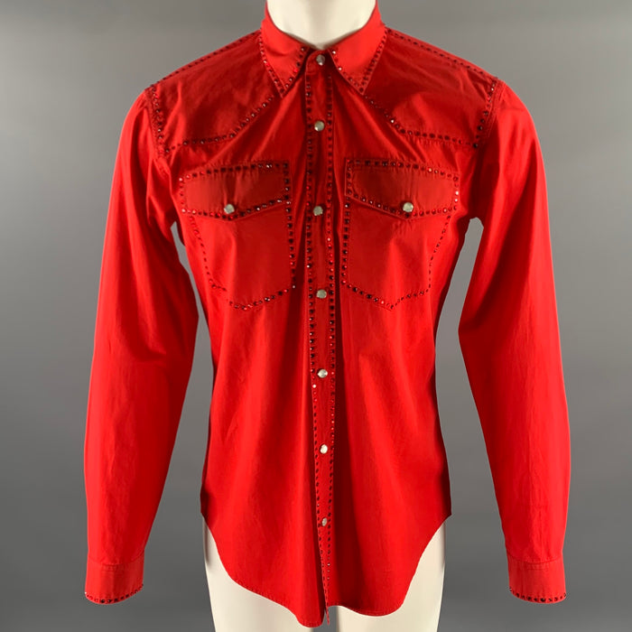 DRIES VAN NOTEN Size M Red Rhinestone Cotton Long Sleeve Shirt