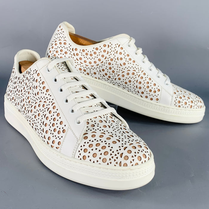 ALAIA Size 8 White Tan Laser Cut Leather Lace-Up Low Top Sneakers