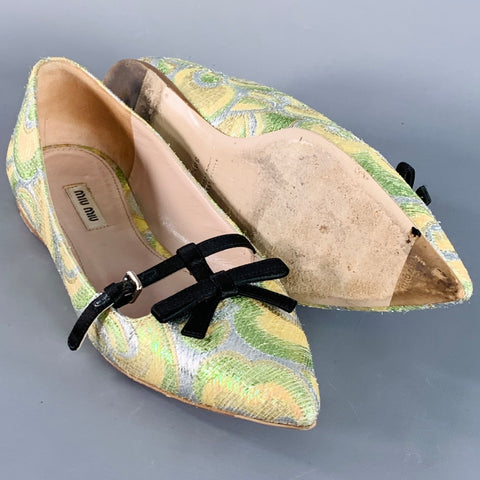 MIU MIU Size 8.5 Green Silver Paisley Textured Pointed Toe Bow Flats