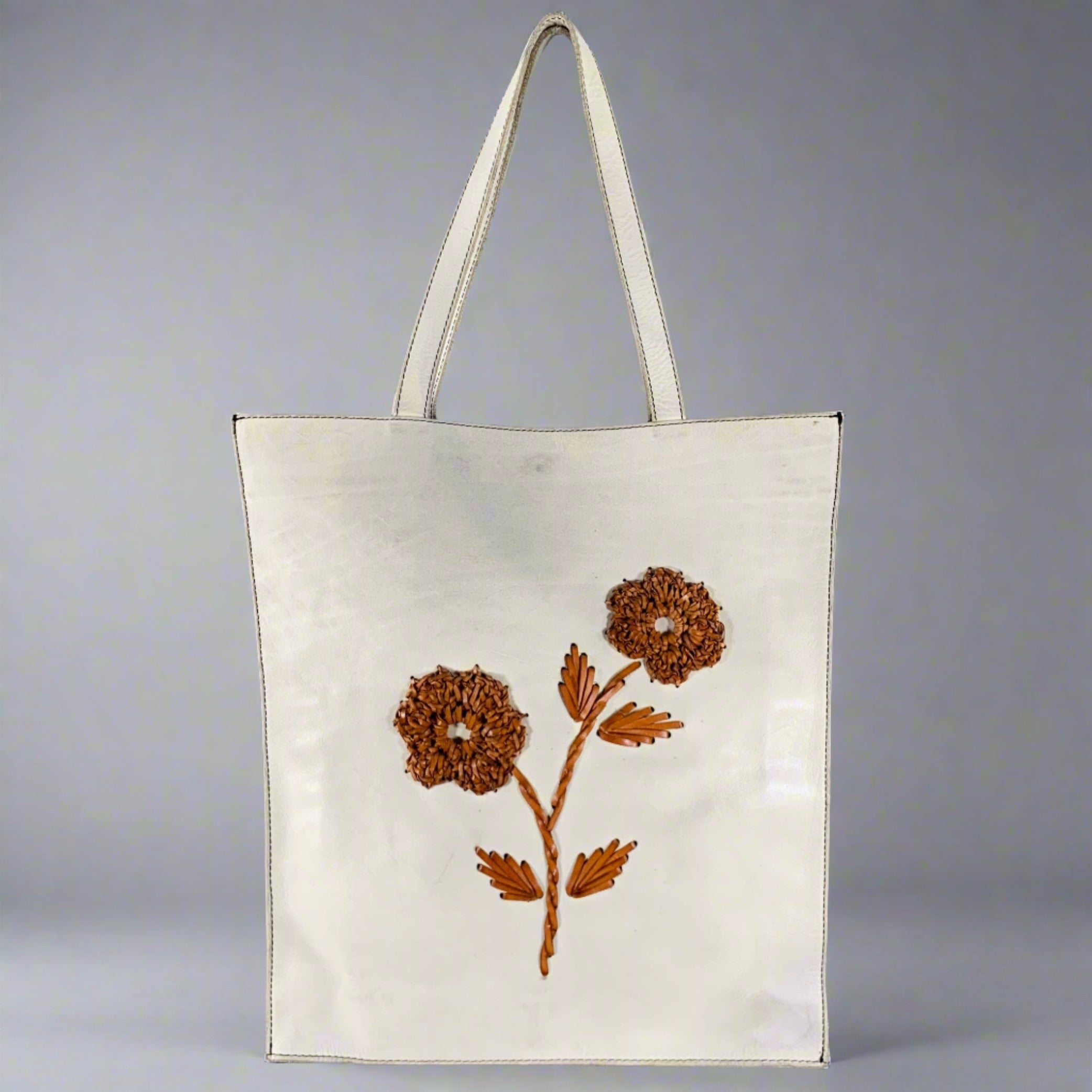 NUMERO 10 Grey Floral Embossed Leather Tote Handbag & Leather