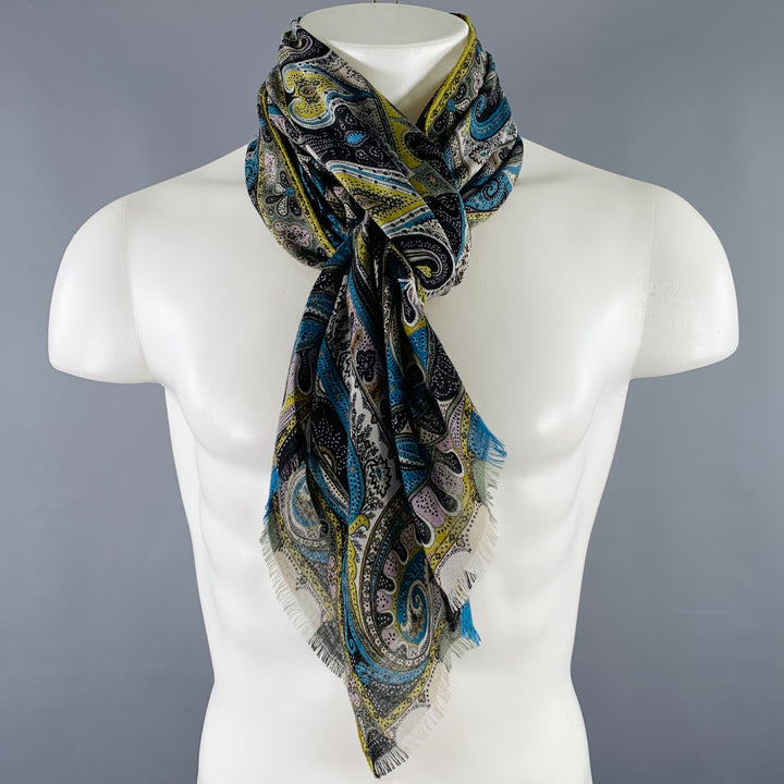 ETRO Multi Color Paisley Silk Wool Fringe Scarf