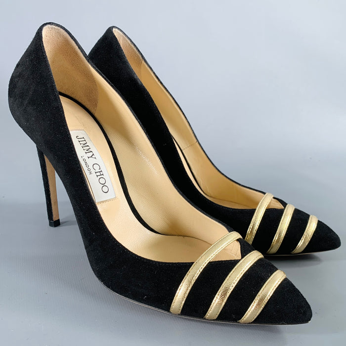 JIMMY CHOO Size 8.5 -Bethan 100- Black Gold Suede Stripe Pumps