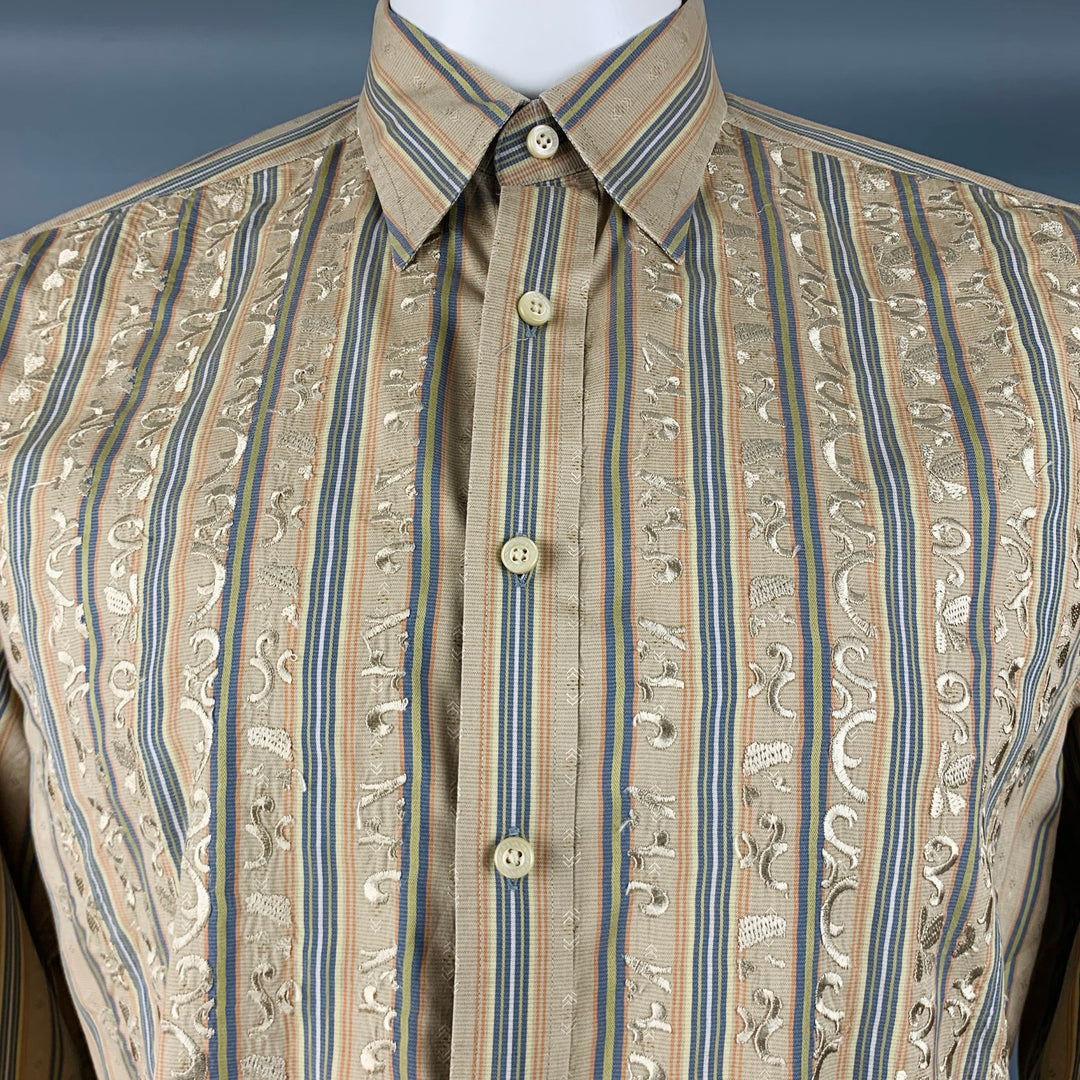ROBERT GRAHAM Size L Khaki Embroidery Cotton Button Up Long Sleeve Shirt