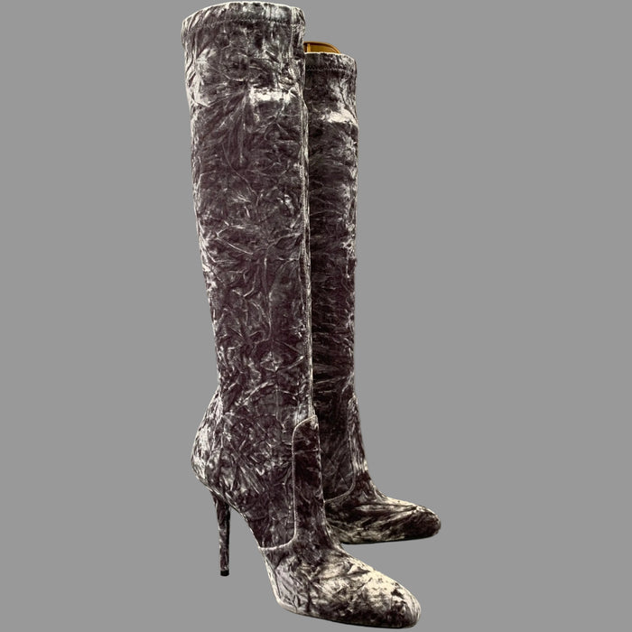 SAINT LAURENT Size 7 Grey Velvet Crushed Sock Boots