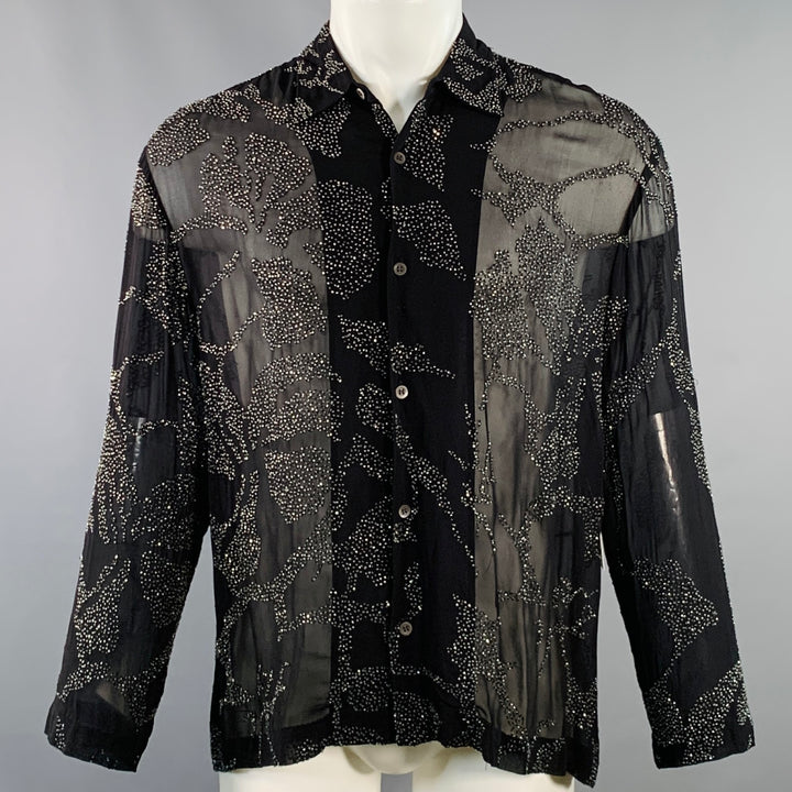 DRIES VAN NOTEN Size S Black Sheer Beaded Hibiscus Floral Viscose Long Sleeve Shirt