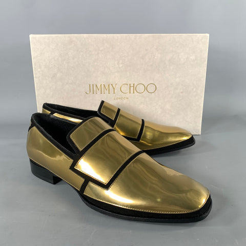 JIMMY CHOO Size 7.5 Gold Black Metallic Leather Slip On Loafers