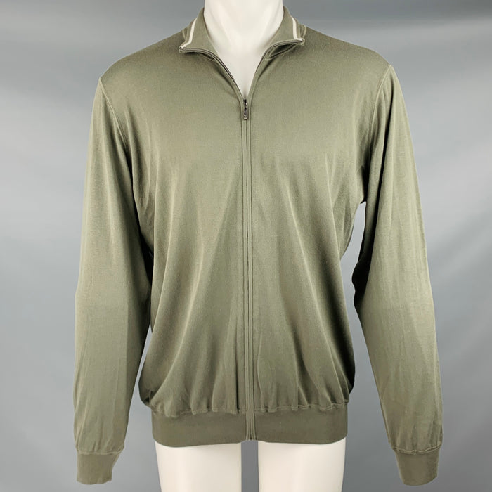 LORO PIANA Size M Olive Green Knit Cotton Zip Up Jacket