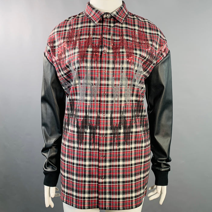 GIAMBATTISTA VALLI Size XL Black Red White Wool Blend Plaid Snaps Shirt