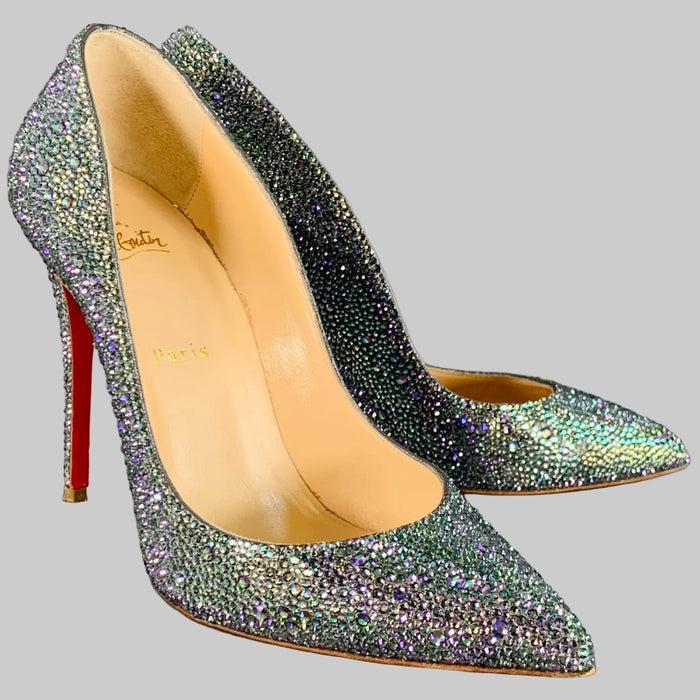 CHRISTIAN LOUBOUTIN Size 9.5 Kate Strass Multi Color Red Suede Rhinestones Pointed Toe Pumps