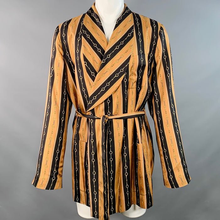 GUCCI 2019 Size 40 Black Brown Gold Chain Silk Dressing Gown Robe Coat