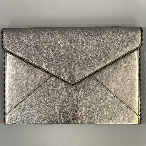 REBECCA MINKOFF SS2016 Silver Metallic Leather Envelope Clutch