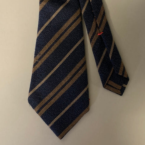 ISAIA Navy Brown Stripe Silk Wool Tie