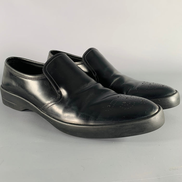 PRADA Size 9.5 Black Perforated Leather Slip On Loafers