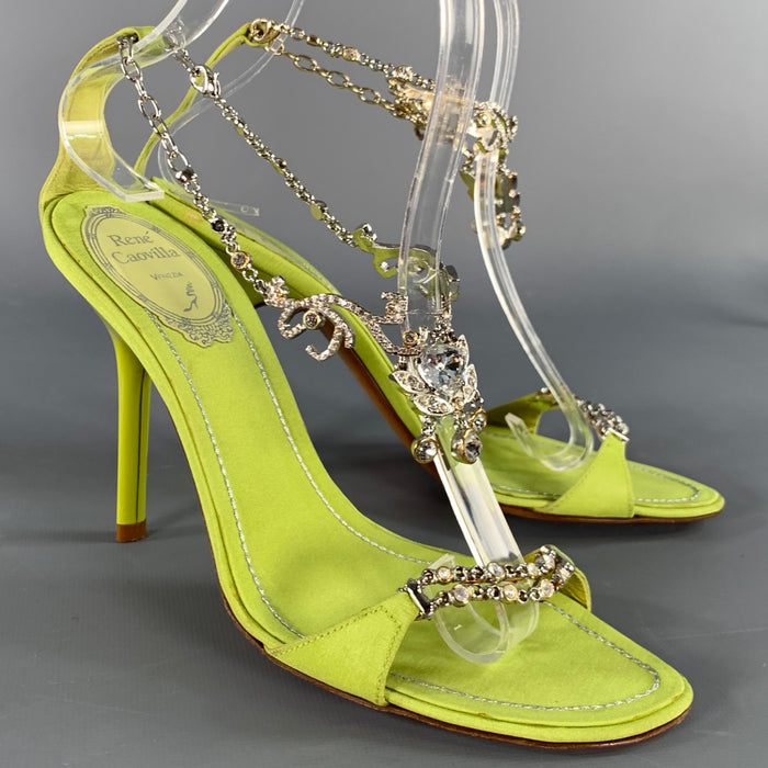 RENE CAOVILLA Size 6.5 Green Chartreuse Silk Rhinestones Strappy Sandals