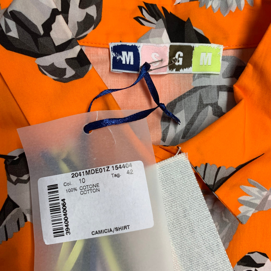 MSGM Size M Orange Black White Cotton Birds One Pocket Short Sleeve Shirt