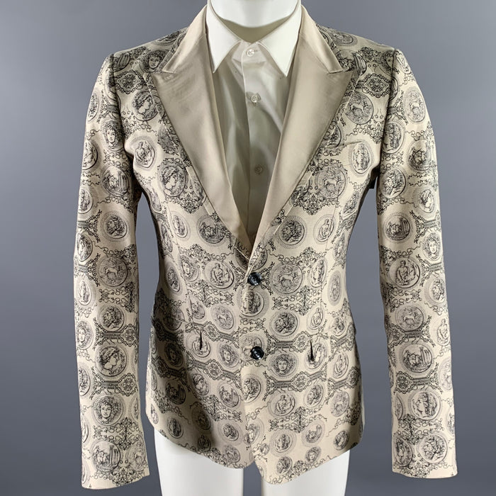 DOLCE & GABBANA Size 38 Cream Black Greca Cotton Blend Peak Lapel Sport Coat