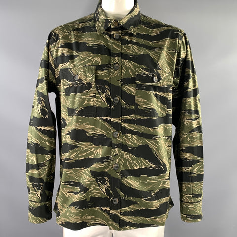 DOLCE & GABBANA Size 44 Green Black Camo Cotton Blend Long Sleeve Shirt