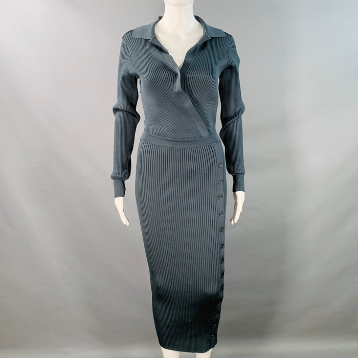 SELF-PORTRAIT Size S Dark Green Grey Viscose Blend Rib Knit Midi Shirt Dress