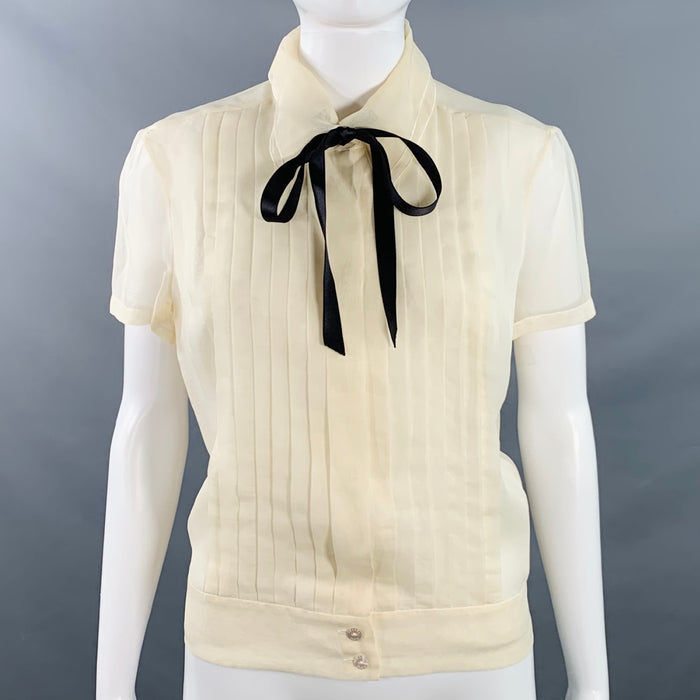 CHANEL Vintage 2003 Cruise Size 8 Cream Black Silk Sheer Pleated Short Sleeve Blouse