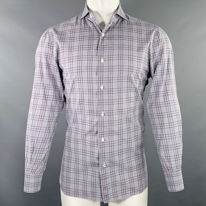 ISAIA Size M Grey White Purple Plaid Cotton Spread Collar Long Sleeve Shirt