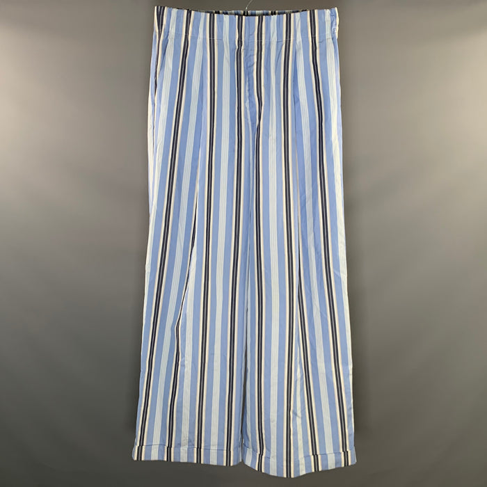DRIES VAN NOTEN Size L Blue White Stripe Cotton Elastic Waistband Casual Pants