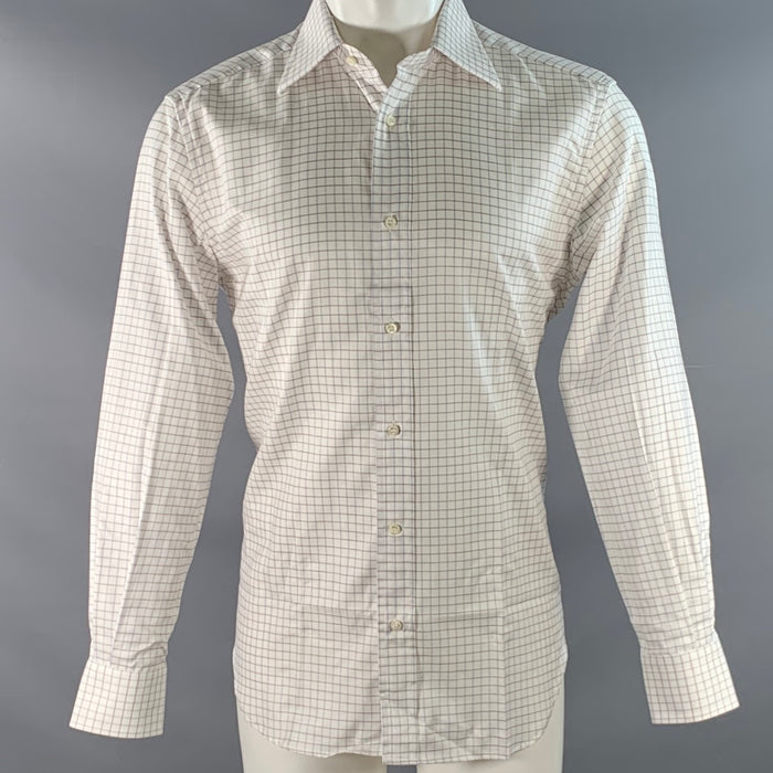 ERMENEGILDO ZEGNA Size M White Blue & Brown Checkered Long Sleeve Shirt