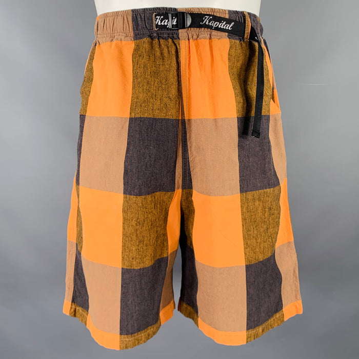 KAPITAL Size M Orange Black Checkered Cotton Linen Drawstring Shorts
