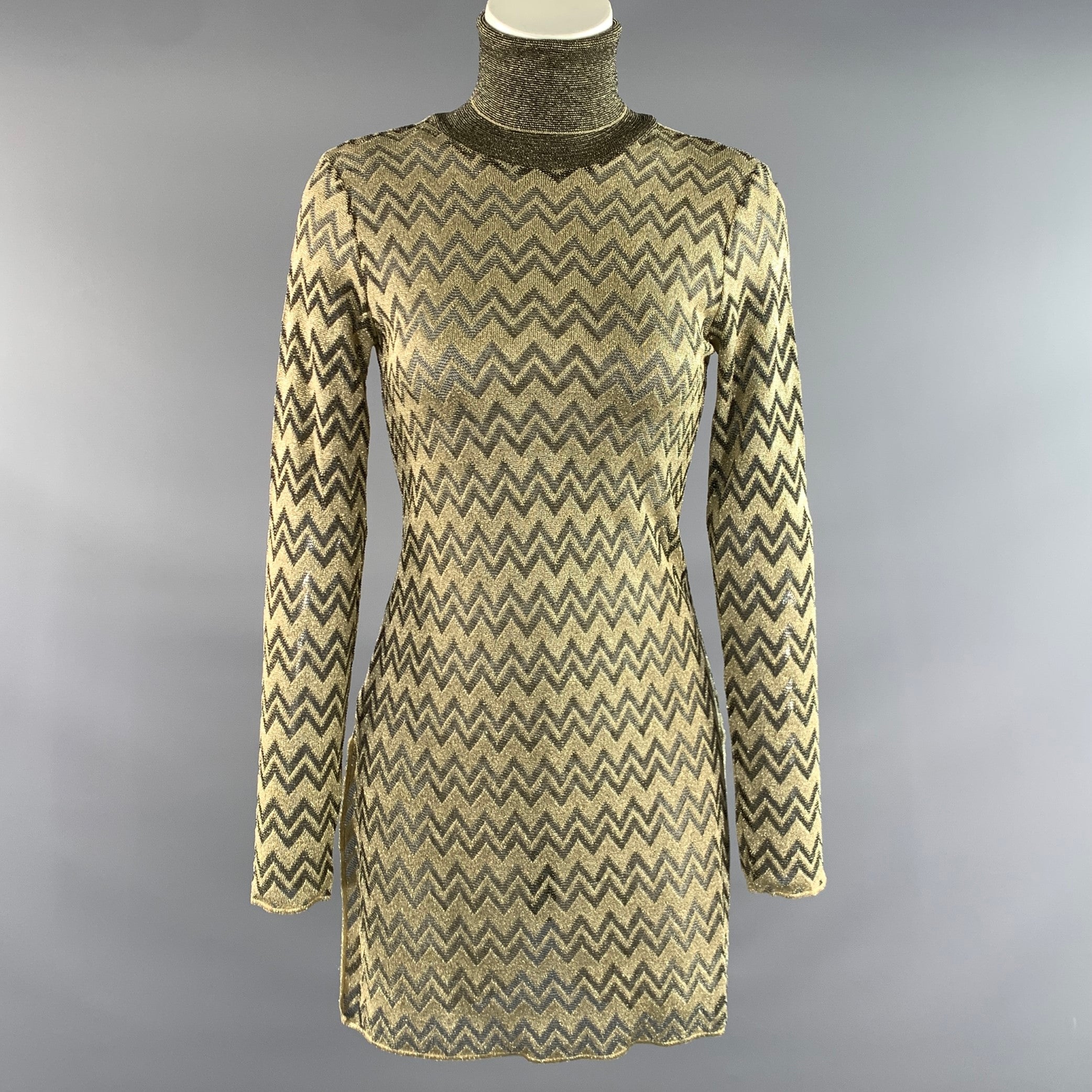 M MISSONI Gold Knit Turtleneck Cocktail Dress