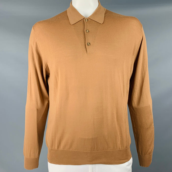 BRIONI Size XL Tan Knit Polo Pullover